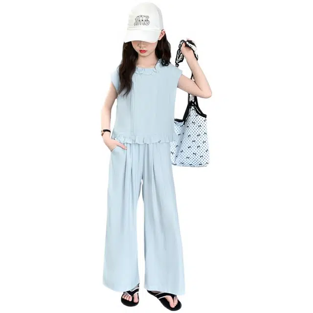 比比我儿童休闲运动套装 女童夏季 小孩衣服 小女孩纯色花边   大童潮牌 无袖长裤套
