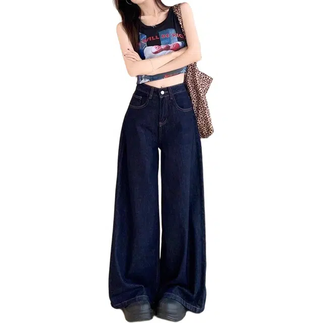 纤丝鸟 高腰阔腿垂感百搭休闲小众宽松牛仔裤 女款