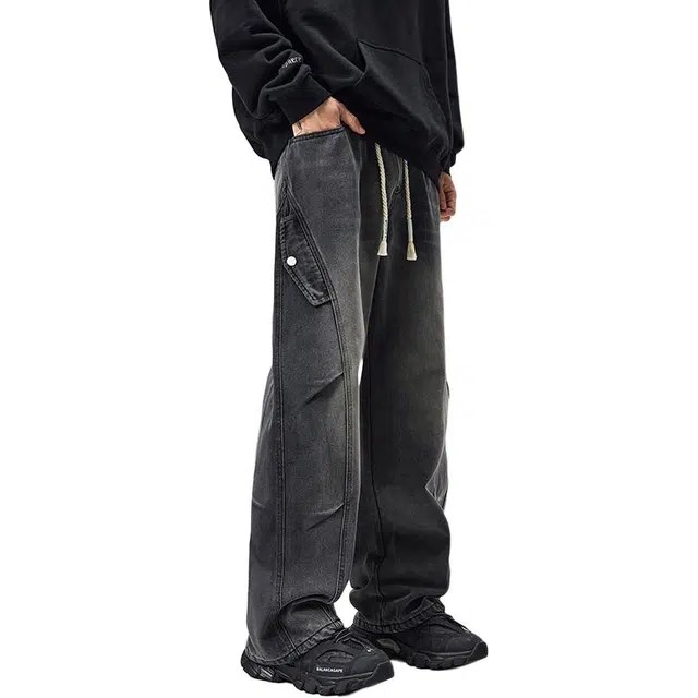 帝狼牛 美式高街复古褶皱水洗潮牌拖地宽松垂感阔腿舒适透气百搭简约个性青春时尚潮流直筒牛仔裤 男女同款