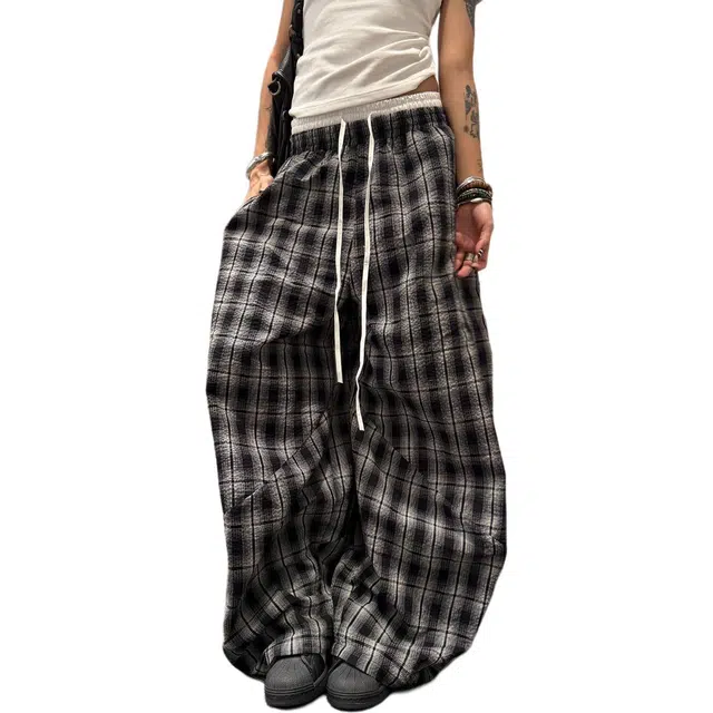 柏黛妃 美式复古慵懒风百搭格子裤女爵士舞双腰头拼接宽松阔腿裤休闲裤 女款
