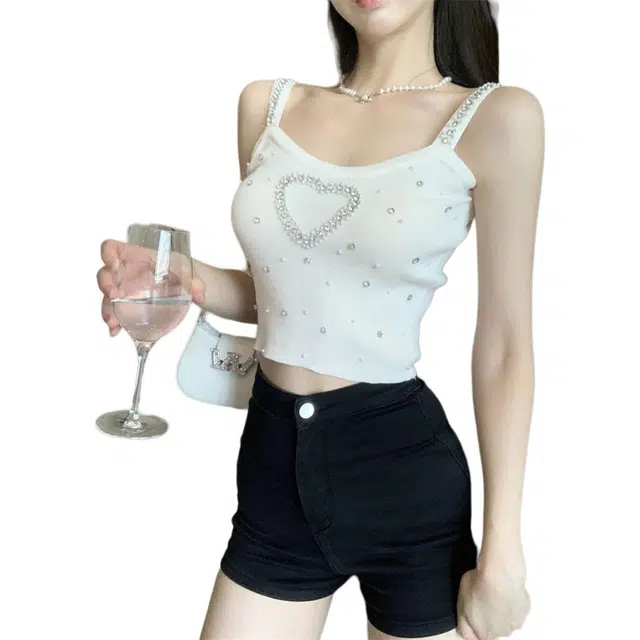 囍鱼少女 重工烫钻吊带多巴胺女夏季款无袖外穿上衣短款内搭辣妹打底衫背心 女款