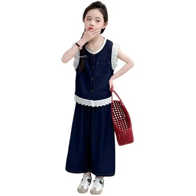比比我儿童套装  休闲运动 女童夏季服装 小孩衣服 小女孩小香风牛仔花边  大童潮牌