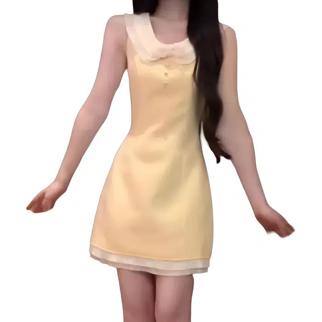 囍鱼少女 娃娃领小香风 女夏季法式气质显瘦名媛千金短裙无袖连衣裙 女款