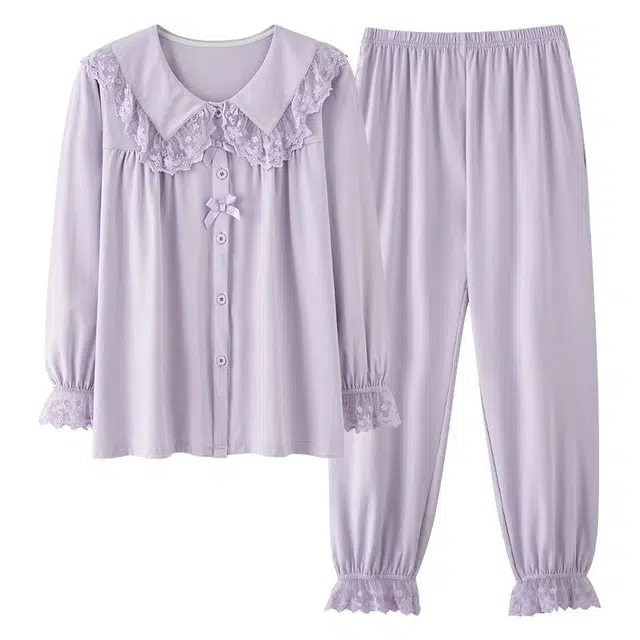 俏韵 翻领春秋季简约纯色长袖长裤甜美可爱休闲舒适薄款家居服可外穿睡衣套装 女款