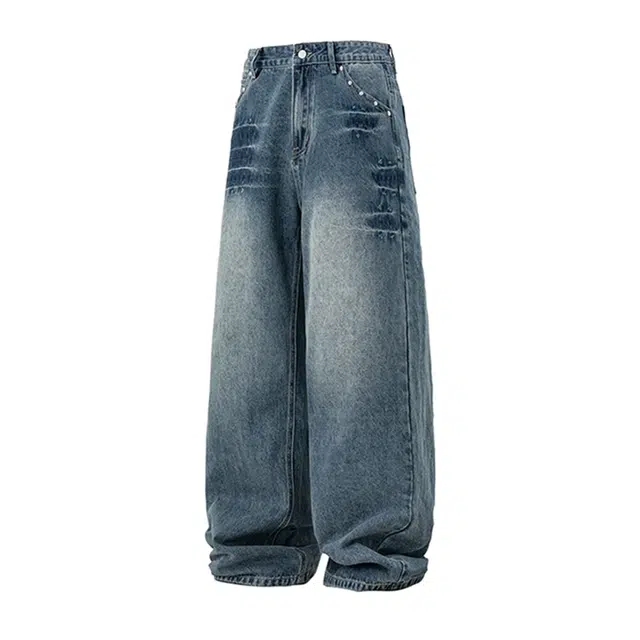 欧路得 复古水洗弯刀男夏美式设计感猫须直筒裤高街百搭宽松牛仔裤 男款