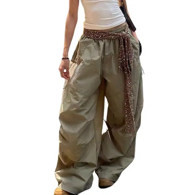 柏黛妃 美式复古褶皱伞兵宽松阔腿弯刀裤子休闲裤 女款