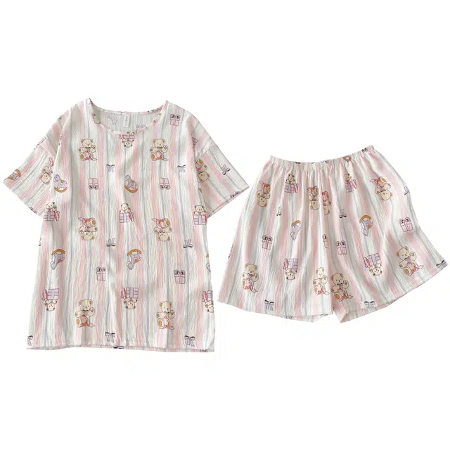 俏韵 圆领卡通小熊夏季云朵棉甜美可爱短袖短裤休闲舒适薄款家居服可外穿睡衣套装 女款