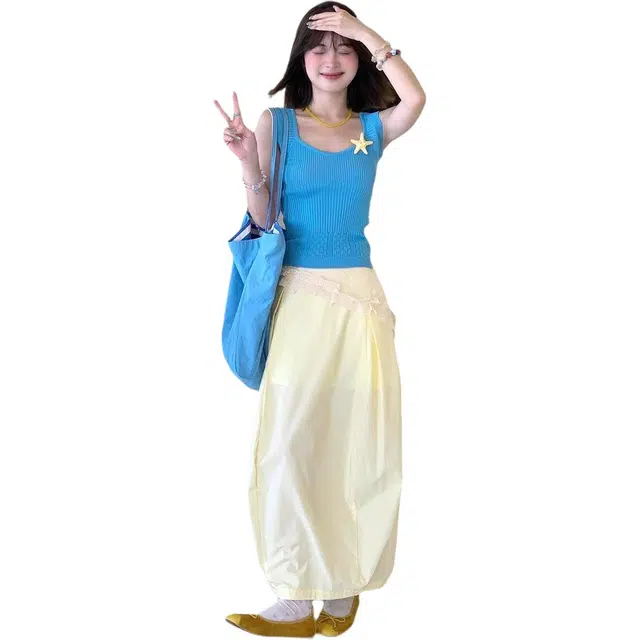 囍鱼少女 百搭清新无袖上衣优雅时尚裙子裙装套装 女款