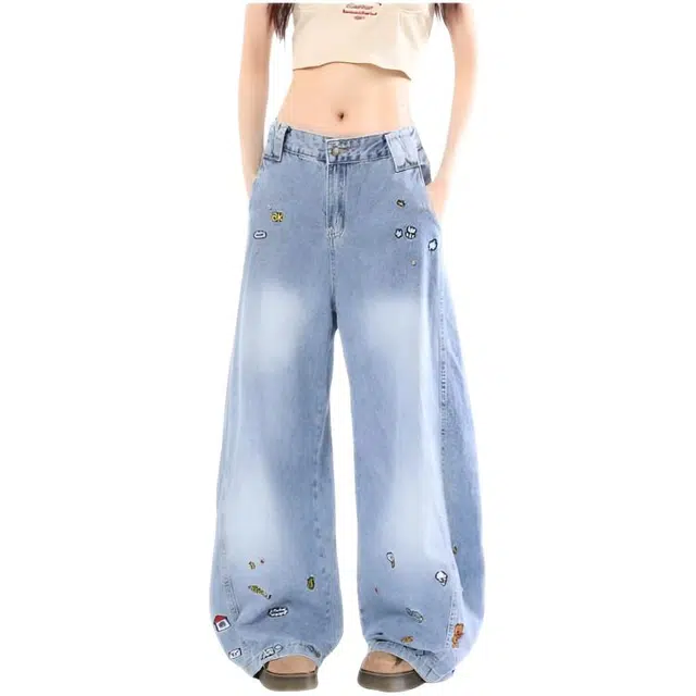 木木兔 男女同款潮流时尚美式复古卡通刺绣弯刀裤宽松情侣百搭阔腿休闲裤 牛仔裤 女款