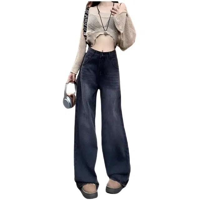 木木兔 潮流时尚阔腿裤小个子高腰宽松显瘦垂感拖地牛仔裤 女款