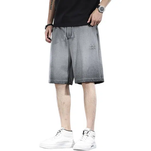 太子龍 水洗渐变破洞刺绣百搭含棉舒适运动卫裤五分裤休闲短裤 男款