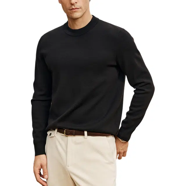 丹宁哲学 羊毛纱线加厚织法纯色常规长袖半高领修身型套头针织衫 男款