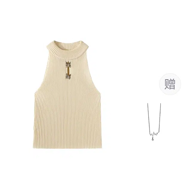 识恩 辣妹紧身蝴蝶装饰镂空针织无袖内搭挂脖背心 女款