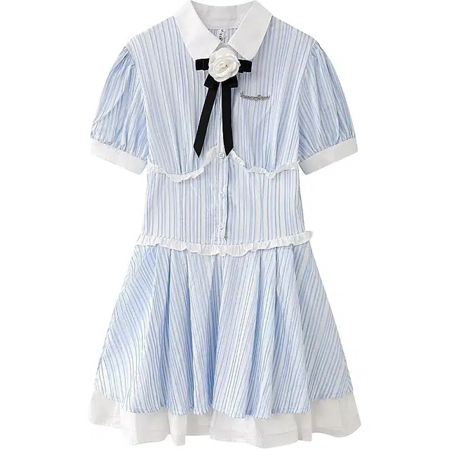 邓大喵 法式蓝白条纹衬衫领女夏季清纯少女公主裙收腰蛋糕蓬蓬裙子连衣裙 女款