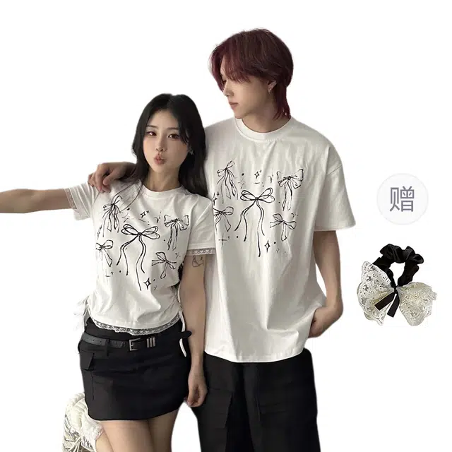 涂诗菲 甜美辣妹蝴蝶印花慵懒风修身短袖上衣一长一短情侣套装