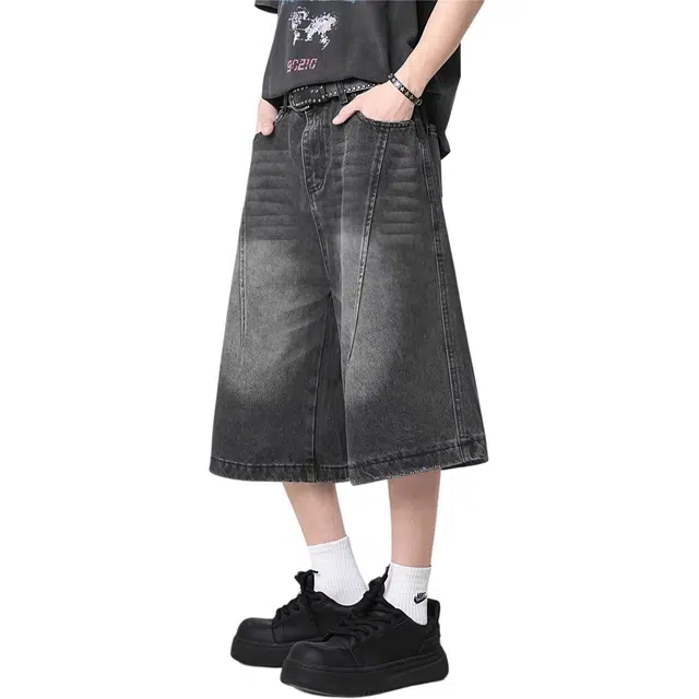 太子龍 美式复古水洗做旧七分街头潮牌宽松直筒牛仔短裤 男款