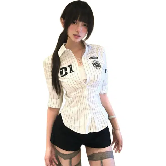 柏黛妃 美式复古条纹长袖收腰修身衬衫 女款
