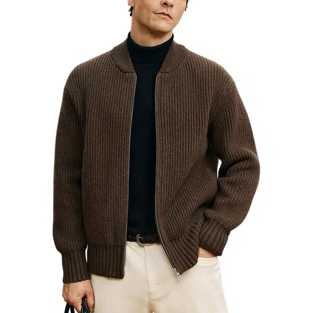 丹宁哲学 纯羊毛宽松棒球领纯色常规长袖直筒型开衫针织衫 男款