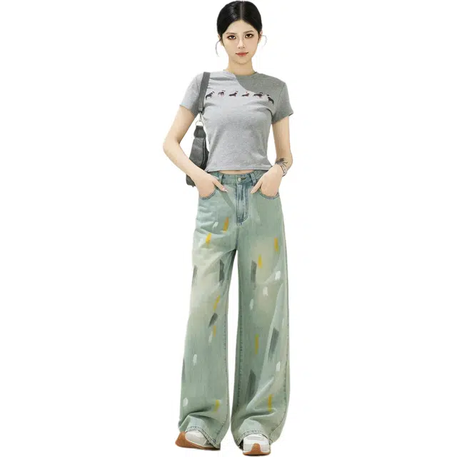 玫丝朵 美式复古泼墨高腰宽松设计感油彩阔腿牛仔裤 女款