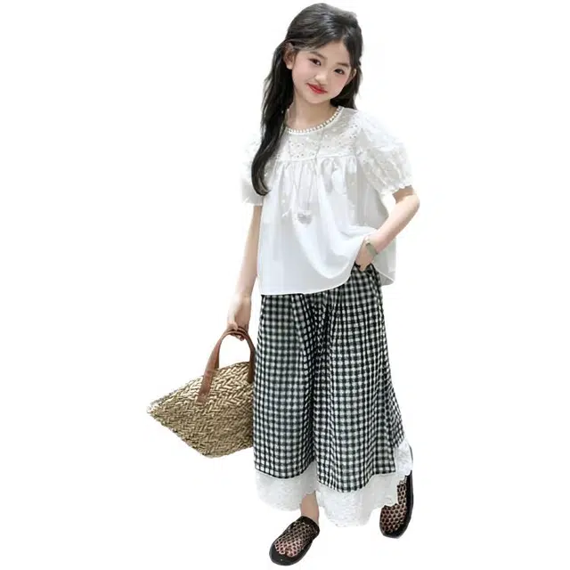 比比我儿童休闲运动套装 女童夏季服装  小孩衣服 小女孩短袖格子裤   大童潮牌
