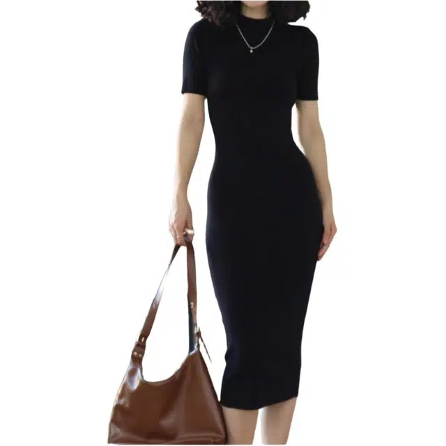 囍鱼少女 复古港风气质通勤优雅性感包臀针织短袖连衣裙 女款