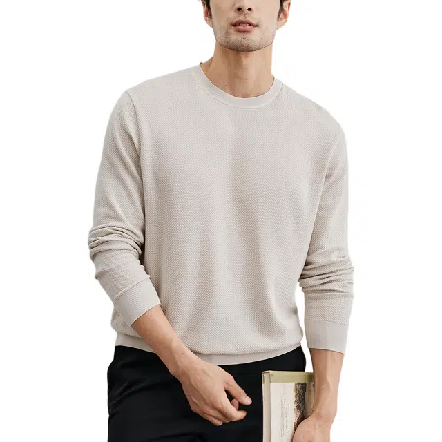 丹宁哲学 长绒棉菠萝针提花圆领纯色常规长袖宽松型套头针织衫 男款