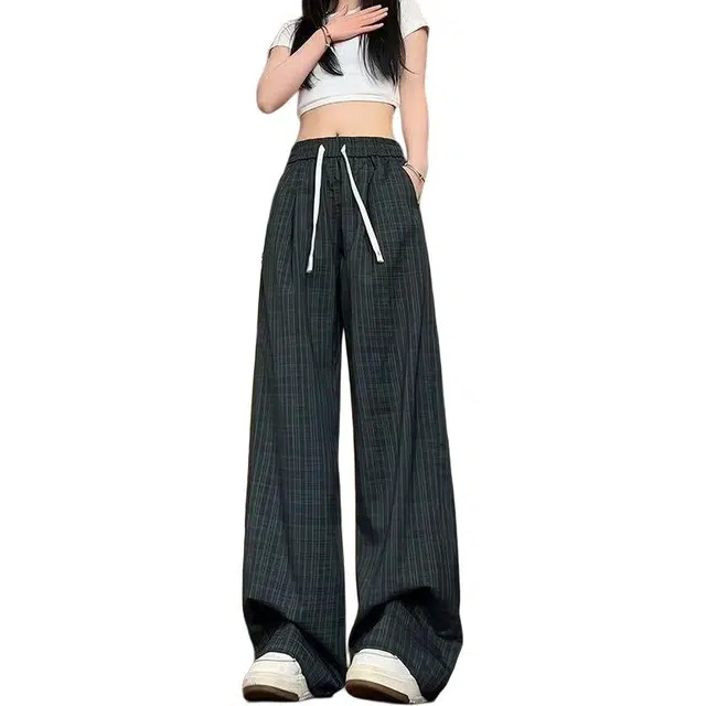柏黛妃 美式复古格子垂坠感休闲裤 女款