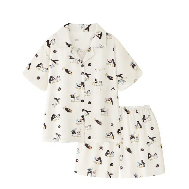 俏韵 翻领企鹅冰丝绸短袖凉感卡通薄款家居服可外穿睡衣套装 男女同款