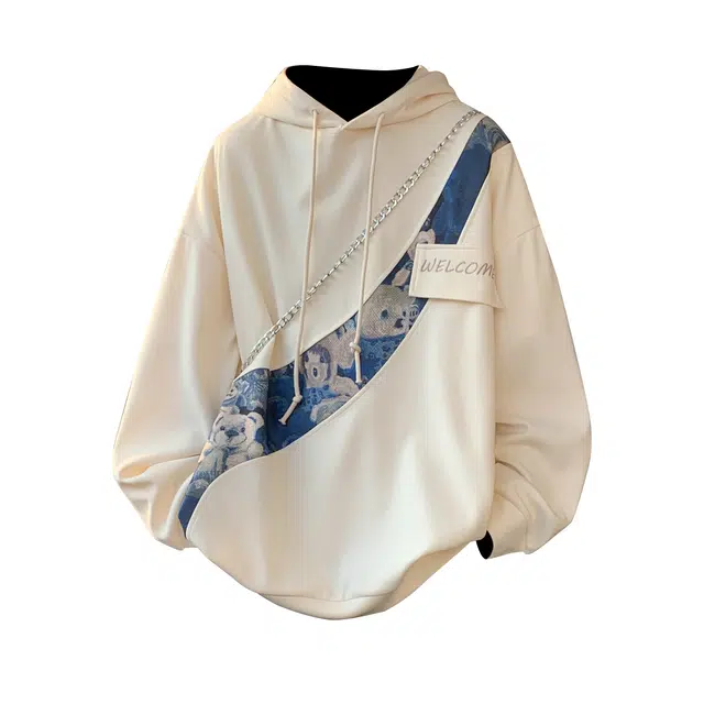 寻星记 美式高街复古学院风卡通小熊拼接连帽百搭卫衣 男女同款