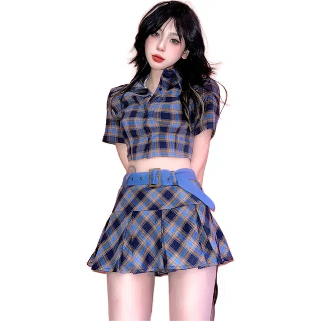 囍鱼少女 甜酷辣妹格纹短袖上衣纯欲风高腰显瘦百褶裙女时尚两件套裙装套装 女款