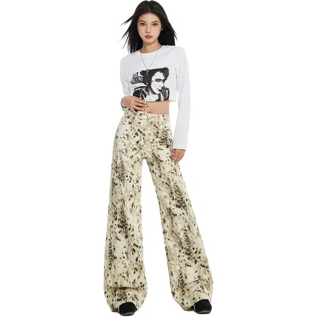 拾籍 美式复古辣妹豹纹微喇设计感高腰宽松显瘦拖地牛仔裤 女款