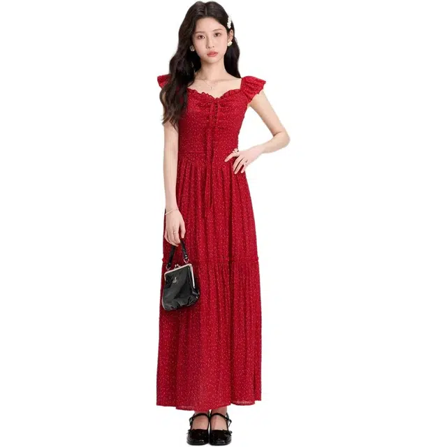 囍鱼少女 法式雪纺度假裙露背蝴蝶结绑带无袖连衣裙 女款