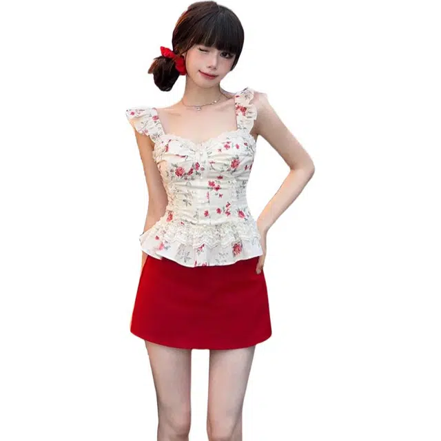 囍鱼少女 甜辣妹收腰碎花吊带背心女夏季度假风荷叶边修身上衣半裙两件套裙装套装 女款