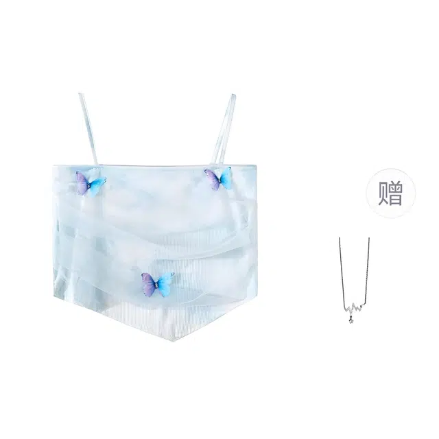 识恩 针织蝴蝶装饰时尚收腰不规则纱网吊带 女款