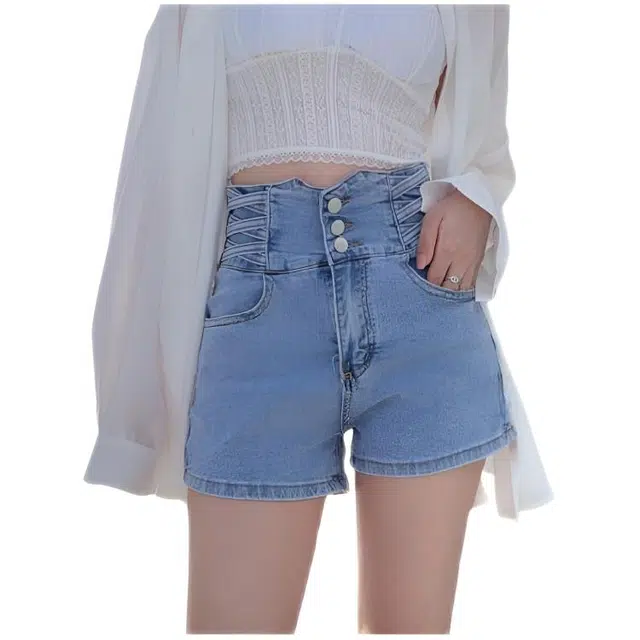 木木兔 潮流时尚美式高腰辣妹修身显瘦直筒阔腿休闲百搭热裤牛仔短裤 女款