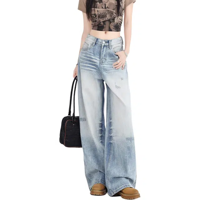 徐百货 美式破洞阔腿水洗高腰垂感宽松拖地潮流百搭牛仔裤 男女同款