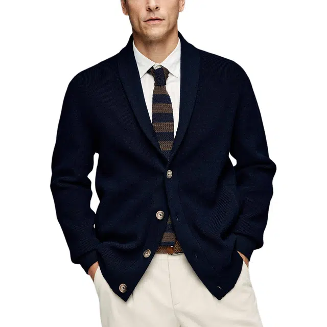 丹宁哲学 轻盈保暖塔斯马尼亚羊毛纯色常规长袖青果领直筒型开衫针织衫 男款