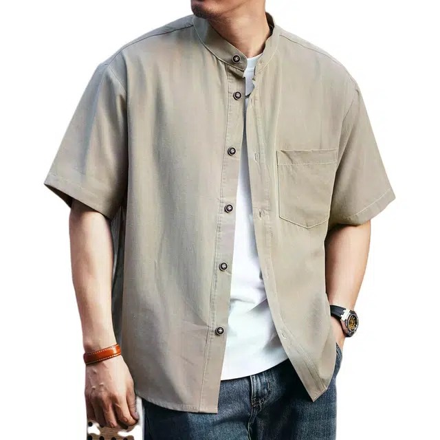 格蓝鹿 夏季 复古轻熟风时尚潮流简约立领男士短袖休闲肌理感中式拼接纯色纽扣设计小立领经典百搭简约衬衣外套衬衫 男女同款