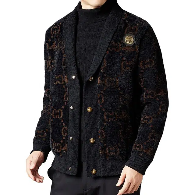 太子龍 时尚格子青果领冬季潮牌短款针织夹克外套 男款