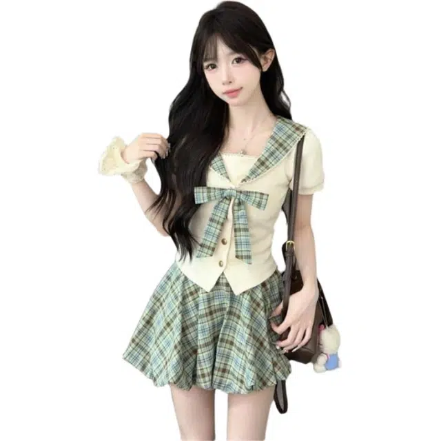 囍鱼少女 日系甜美少女感蝴蝶结撞色修身上衣百搭洋气显瘦半身裙两件套裙装套装 女款