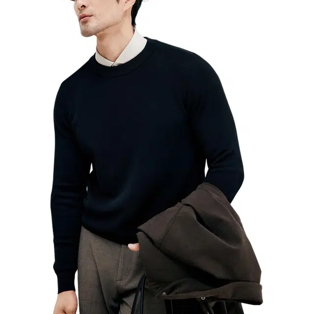 丹宁哲学 舒适百搭棉涤功能纤维纯色常规长袖圆领宽松型套头针织衫 男款