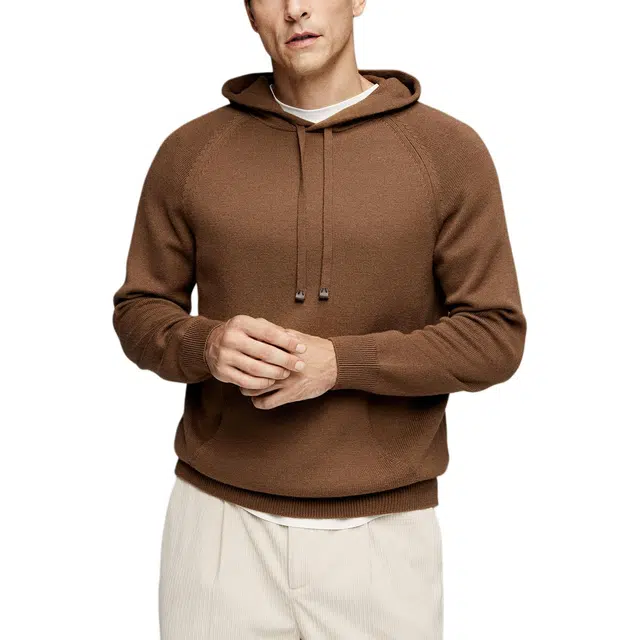 丹宁哲学 轻盈保暖塔斯马尼亚羊毛纯色常规长袖带帽直筒型套头针织衫 男款