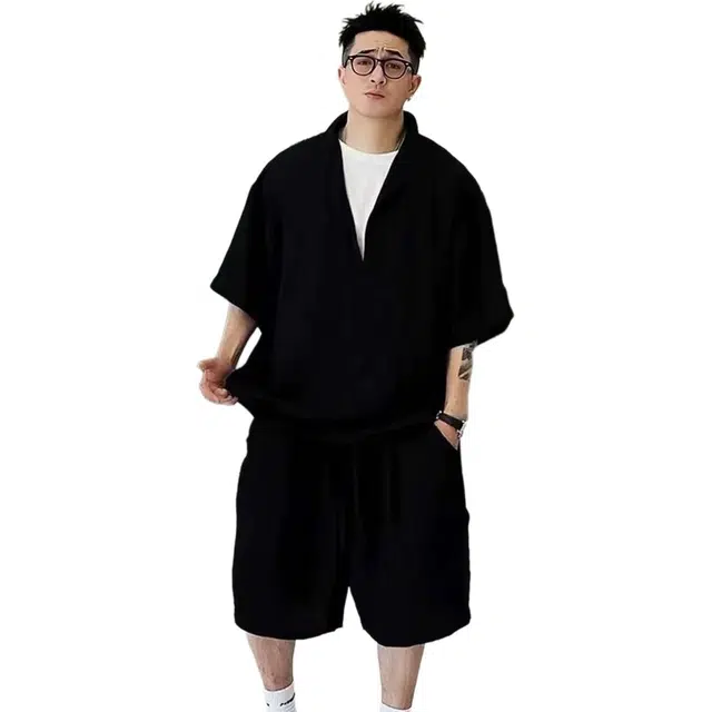 北欧攻略 慵懒感老钱风短袖假两件轻薄速干透气衬衫宽松特大码胖人显瘦百搭时尚裤子休闲运动套装 男女同款