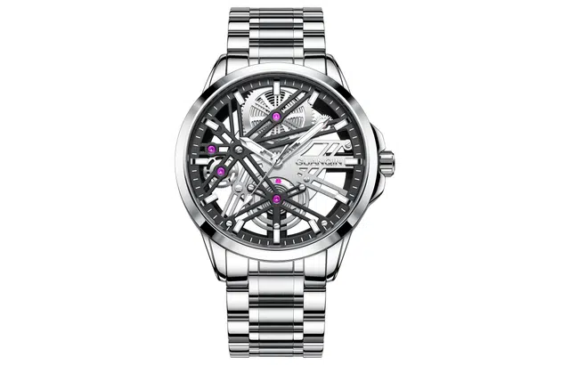 冠琴 鉴赏家系列 双面镂空潮流风格之心高颜值运动手表 石英机芯 精钢表带 国表 男表 银色表盘 夜光防水