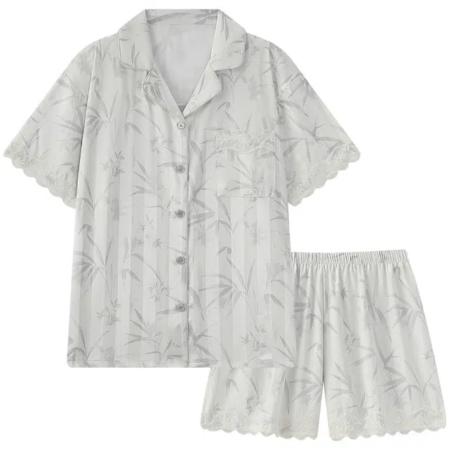 顶瓜瓜 冰丝短袖短裤翻领开衫国风竹叶条纹凉感两件套家居服夏季睡衣套装 女款
