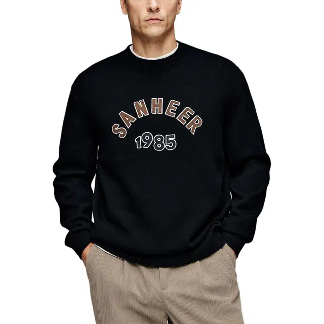 丹宁哲学 字母贴布绣塔斯马尼亚羊毛半高领常规长袖圆领直筒型针织衫 男款