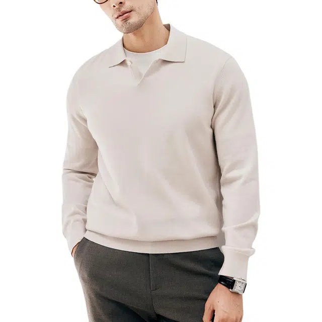 丹宁哲学 高品质塔斯马尼亚羊毛翻领纯色常规长袖直筒型套头针织衫 男款