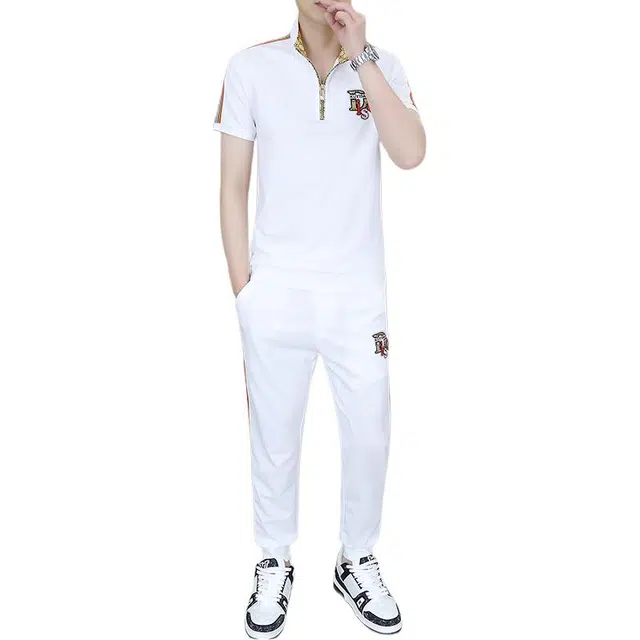 大白鲨 品牌轻奢欧版夏季潮牌半拉链短袖长裤休闲运动套装 男女同款