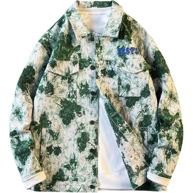 半空山 美式高街扎染涂鸦字母植物花卉设计潮流百搭宽松个性痞帅嘻哈翻领夹克外套 男女同款