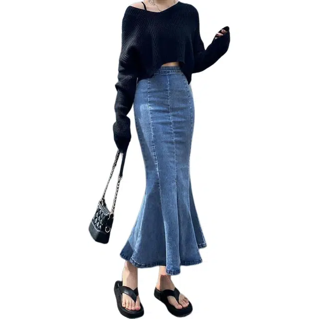 木木兔 潮流时尚半身裙小个子高腰显瘦荷叶边开叉辣妹包臀鱼尾裙牛仔长裙 女款